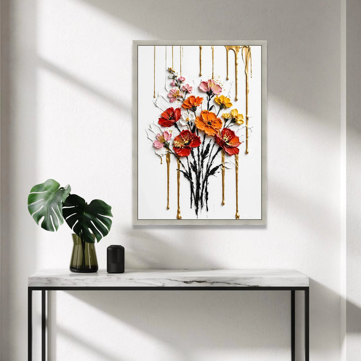 Vibrant Floral Bouquet Canvas Wall Art, Colorful Flowers with Gold Drips, Contemporary Home Decoration, Bright Flower Canvas Print Art