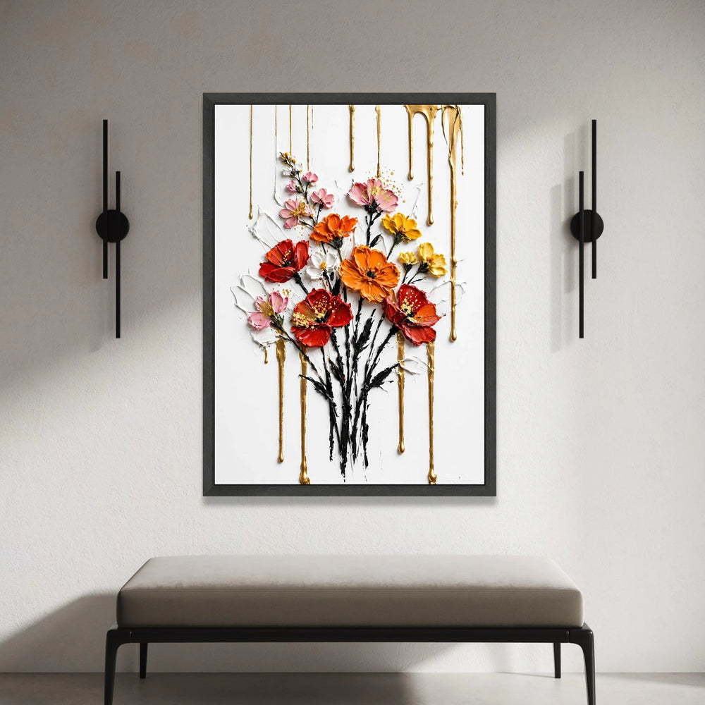 Vibrant Floral Bouquet Canvas Wall Art, Colorful Flowers with Gold Drips, Contemporary Home Decoration, Bright Flower Canvas Print Art