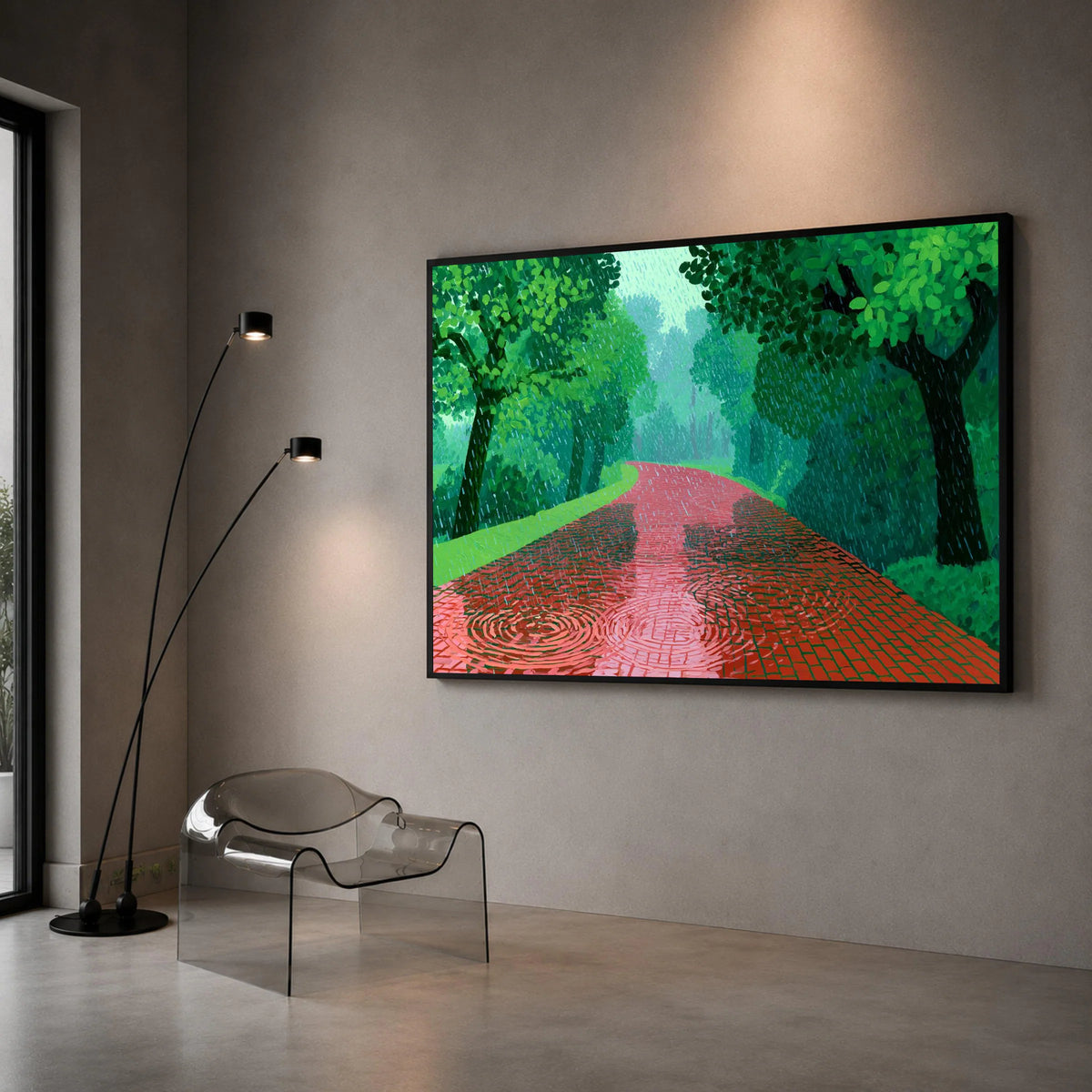 David Hockney Style Red Pathway Canvas, Rainy Day Landscape Art, Green Trees Wall Decoration, Modern Impressionist Canvas Canvas Print Art