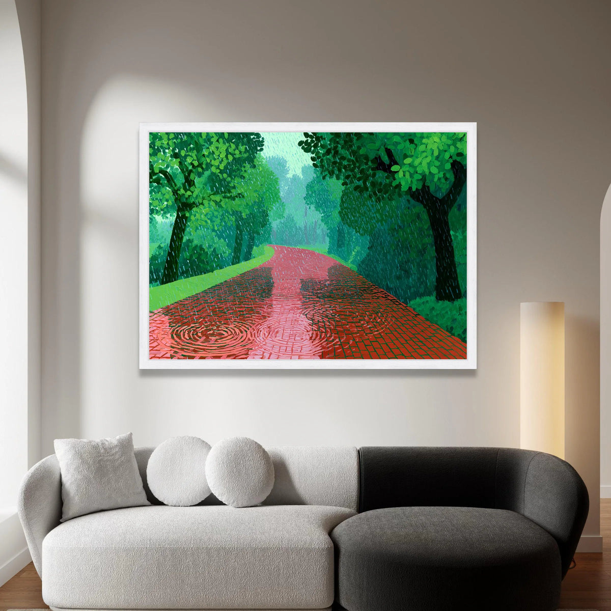 David Hockney Style Red Pathway Canvas, Rainy Day Landscape Art, Green Trees Wall Decoration, Modern Impressionist Canvas Canvas Print Art