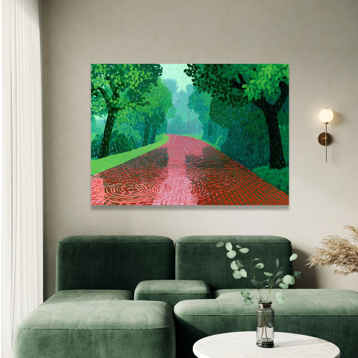David Hockney Style Red Pathway Canvas, Rainy Day Landscape Art, Green Trees Wall Decoration, Modern Impressionist Canvas Canvas Print Art
