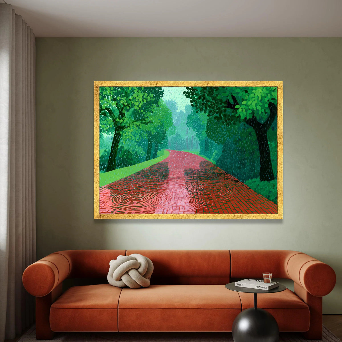 David Hockney Style Red Pathway Canvas, Rainy Day Landscape Art, Green Trees Wall Decoration, Modern Impressionist Canvas Canvas Print Art