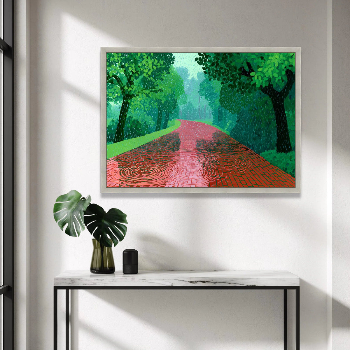 David Hockney Style Red Pathway Canvas, Rainy Day Landscape Art, Green Trees Wall Decoration, Modern Impressionist Canvas Canvas Print Art