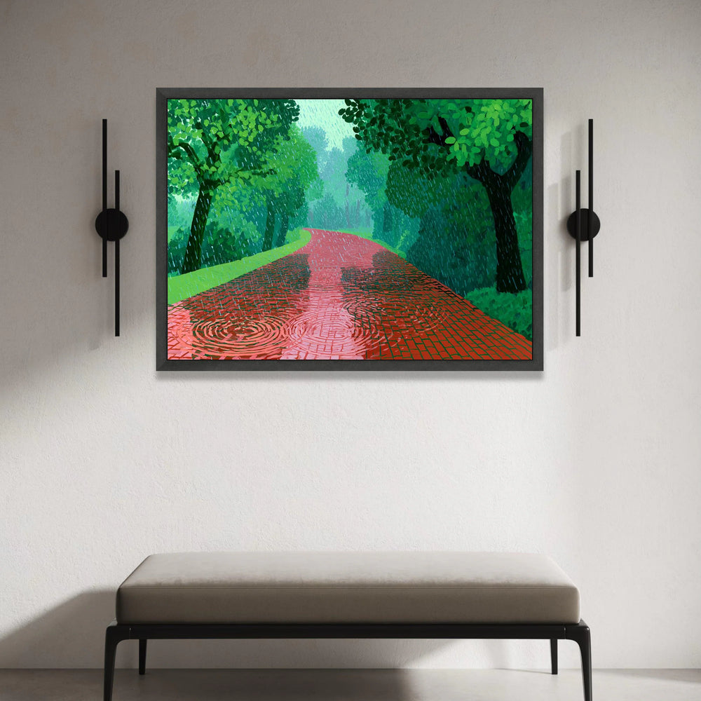 David Hockney Style Red Pathway Canvas, Rainy Day Landscape Art, Green Trees Wall Decoration, Modern Impressionist Canvas Canvas Print Art
