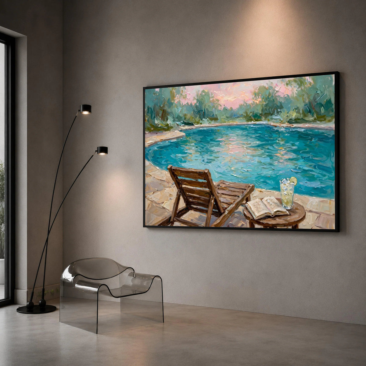 David Hockney Style Poolside Canvas, Relaxing Summer Scene Wall Art, Colorful Modern Landscape Painting, Leisure Outdoor Canvas Print Art