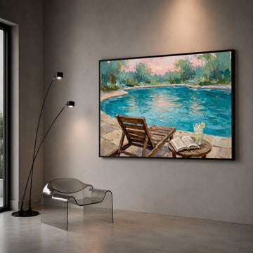 David Hockney Style Poolside Canvas, Relaxing Summer Scene Wall Art, Colorful Modern Landscape Painting, Leisure Outdoor Canvas Print Art