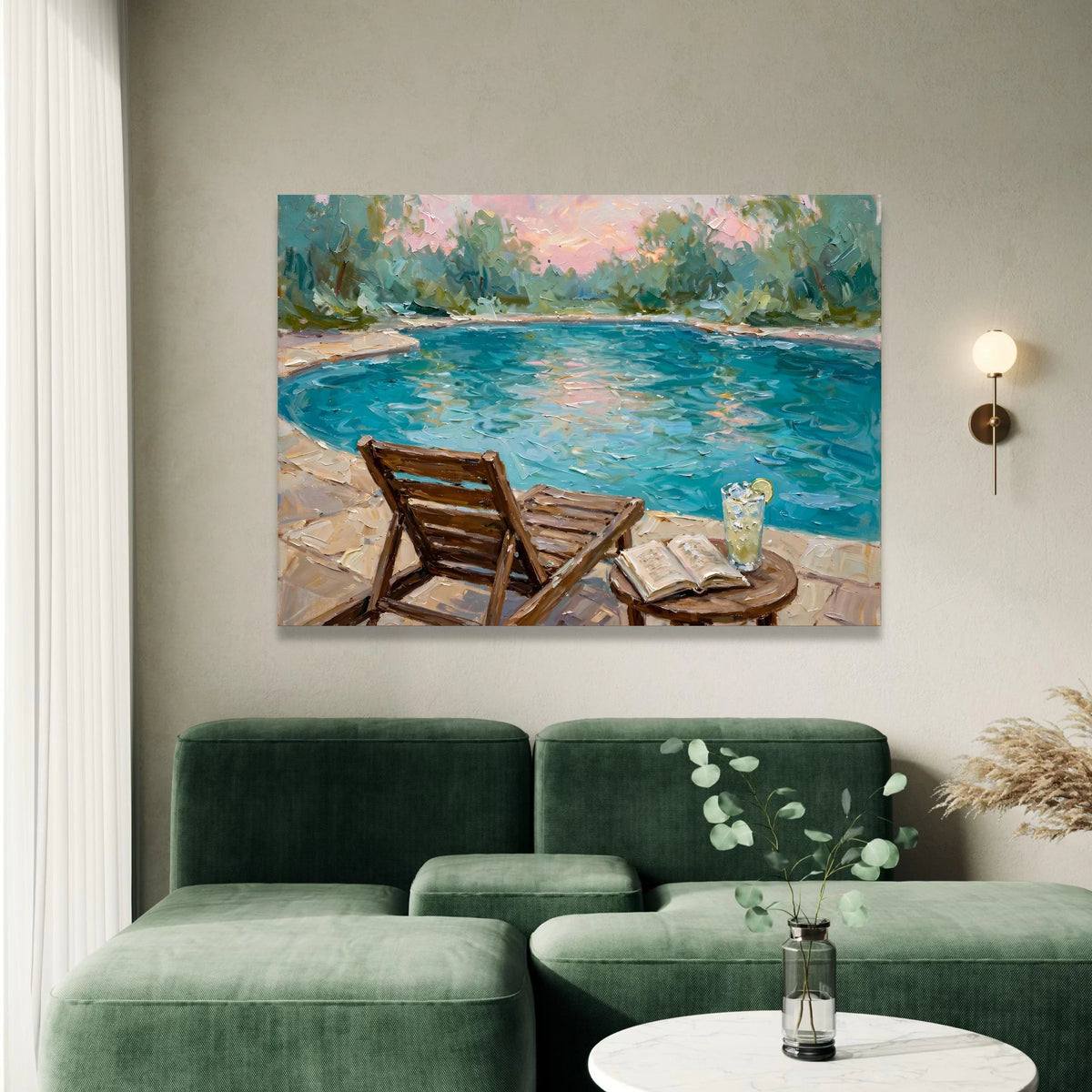 David Hockney Style Poolside Canvas, Relaxing Summer Scene Wall Art, Colorful Modern Landscape Painting, Leisure Outdoor Canvas Print Art