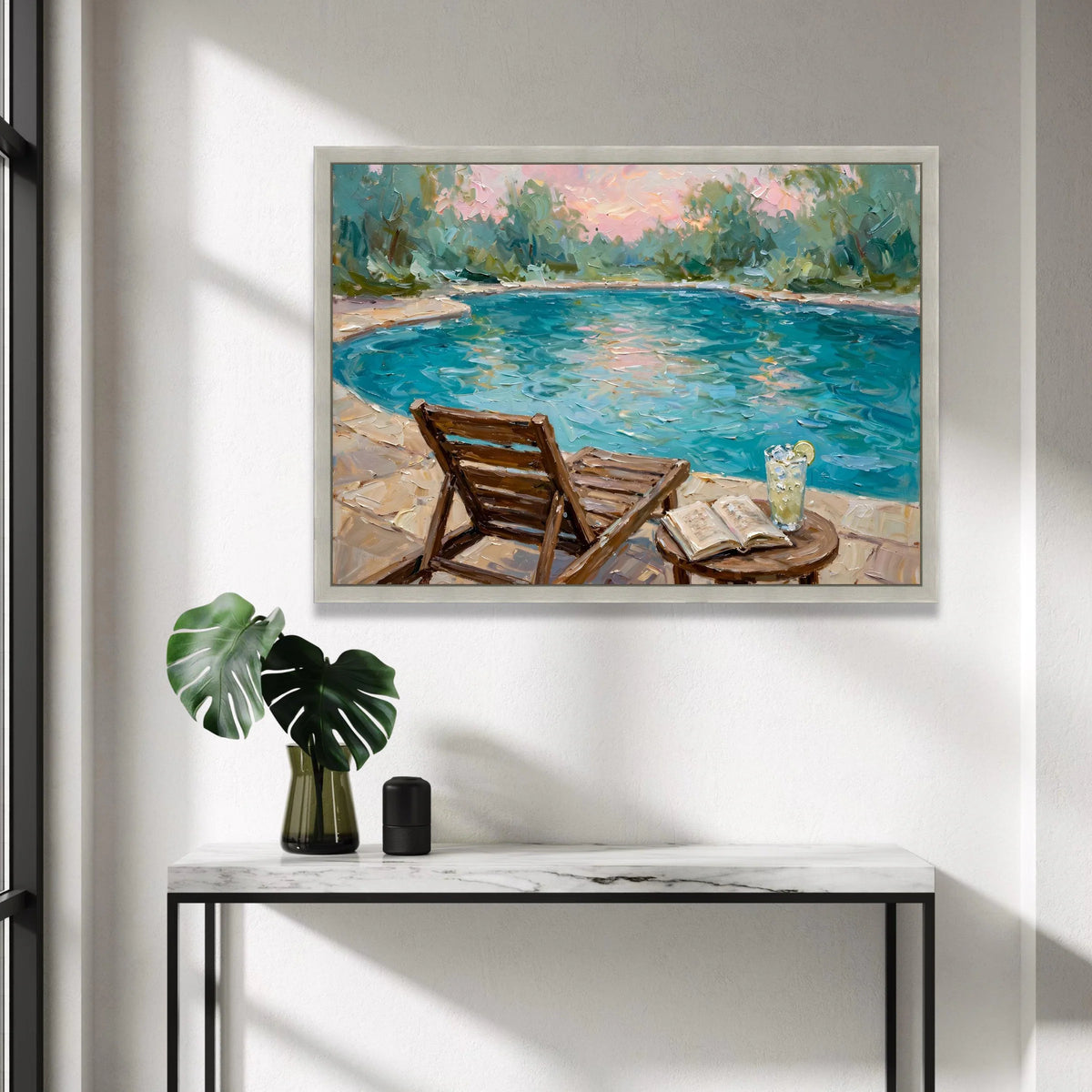 David Hockney Style Poolside Canvas, Relaxing Summer Scene Wall Art, Colorful Modern Landscape Painting, Leisure Outdoor Canvas Print Art
