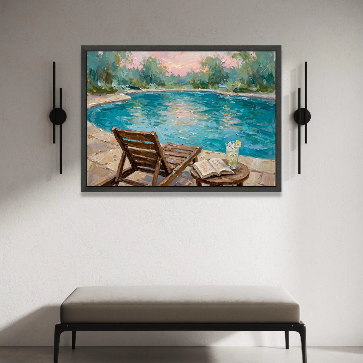 David Hockney Style Poolside Canvas, Relaxing Summer Scene Wall Art, Colorful Modern Landscape Painting, Leisure Outdoor Canvas Print Art