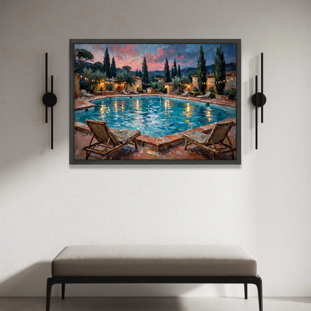 David Hockney Style Evening Poolside Canvas Wall Art, Coastal Landscape Painting, Vibrant Reflections, Modern Home Decor, Canvas Print Art