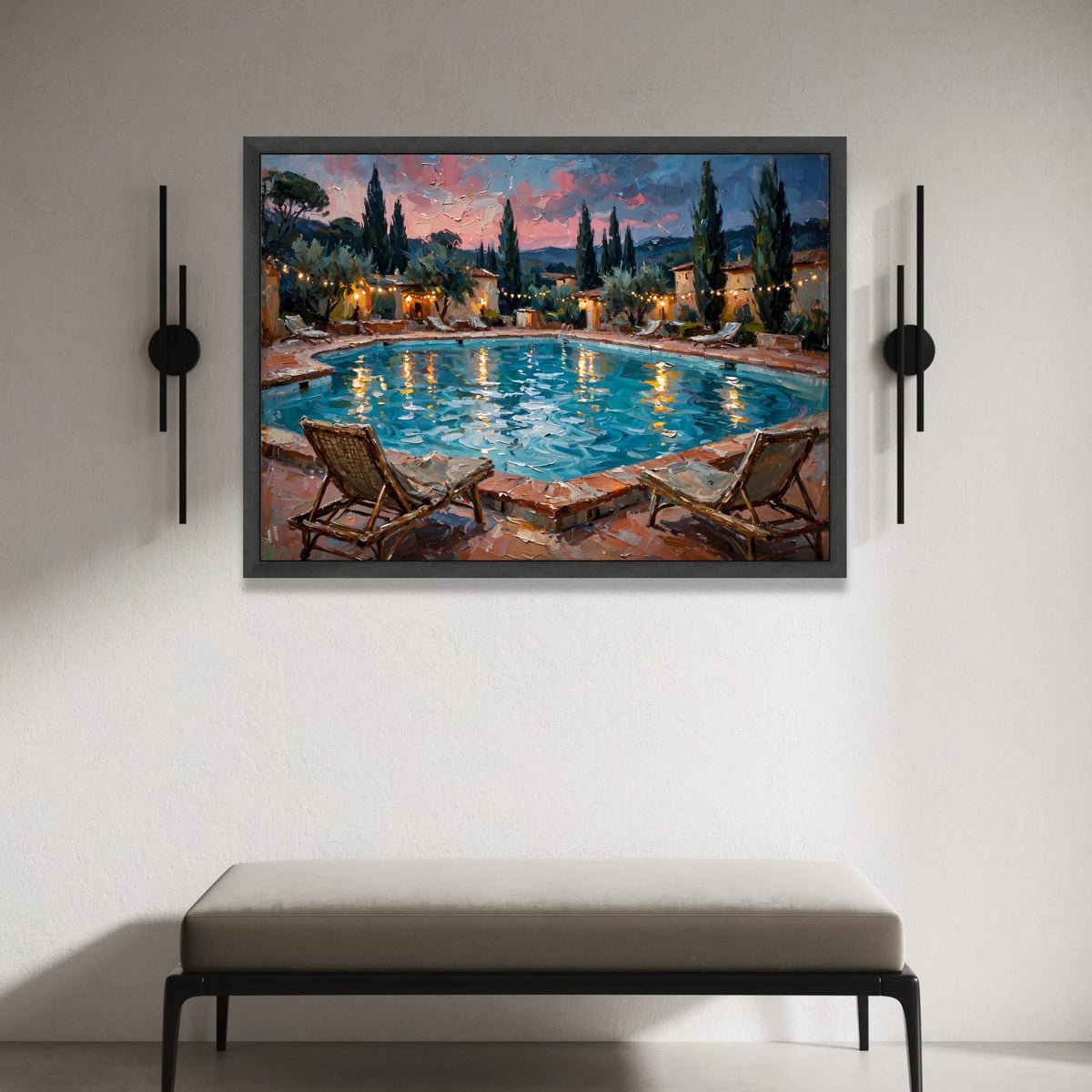 David Hockney Style Evening Poolside Canvas Wall Art, Coastal Landscape Painting, Vibrant Reflections, Modern Home Decor, Canvas Print Art