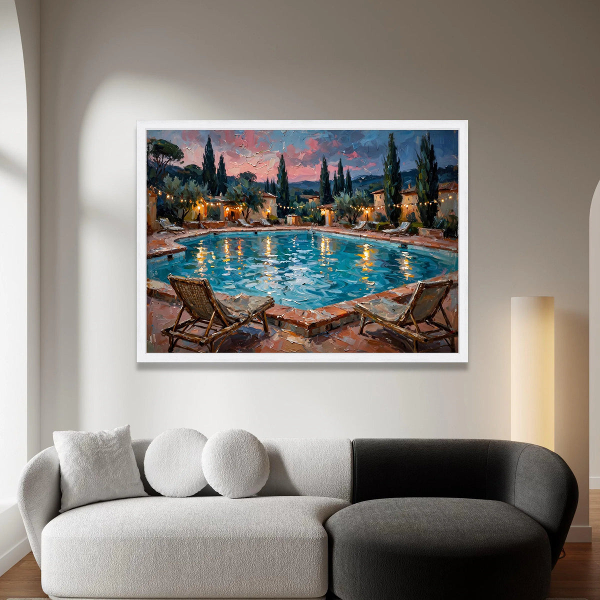 David Hockney Style Evening Poolside Canvas Wall Art, Coastal Landscape Painting, Vibrant Reflections, Modern Home Decor, Canvas Print Art