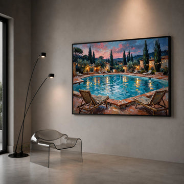 David Hockney Style Evening Poolside Canvas Wall Art, Coastal Landscape Painting, Vibrant Reflections, Modern Home Decor, Canvas Print Art
