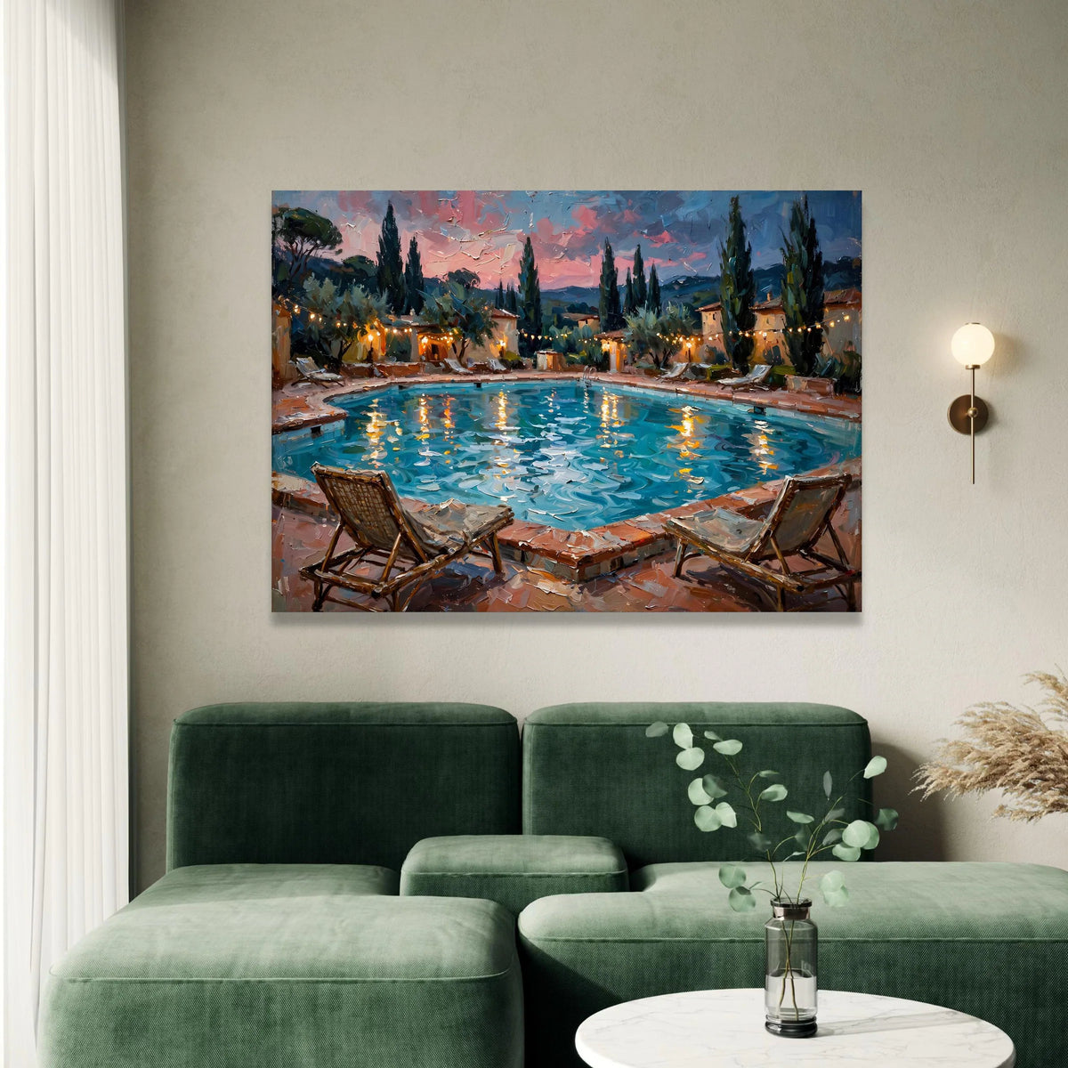 David Hockney Style Evening Poolside Canvas Wall Art, Coastal Landscape Painting, Vibrant Reflections, Modern Home Decor, Canvas Print Art