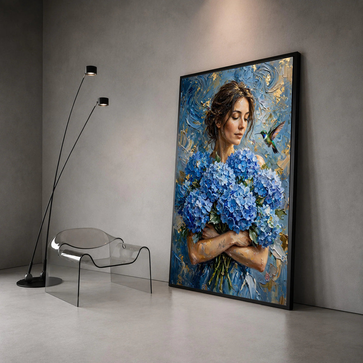 Woman With Blue Hydrangeas Bouquet Canvas Wall Art, Elegant Floral Portrait, Hummingbird Nature Scene, Home Decor Painting, Canvas Print Art
