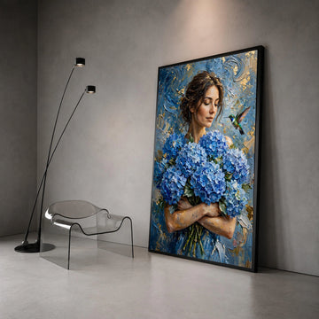 Woman With Blue Hydrangeas Bouquet Canvas Wall Art, Elegant Floral Portrait, Hummingbird Nature Scene, Home Decor Painting, Canvas Print Art