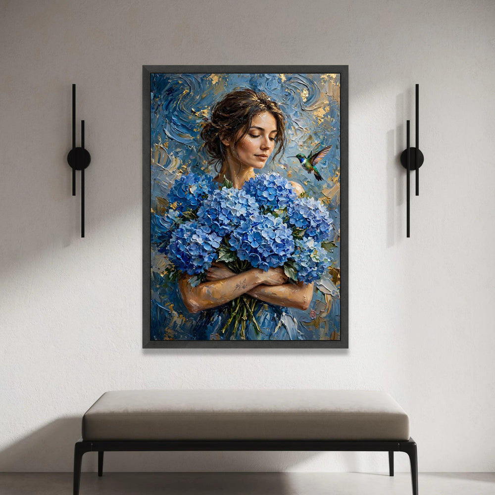 Woman With Blue Hydrangeas Bouquet Canvas Wall Art, Elegant Floral Portrait, Hummingbird Nature Scene, Home Decor Painting, Canvas Print Art