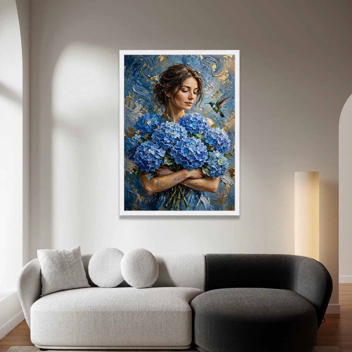 Woman With Blue Hydrangeas Bouquet Canvas Wall Art, Elegant Floral Portrait, Hummingbird Nature Scene, Home Decor Painting, Canvas Print Art