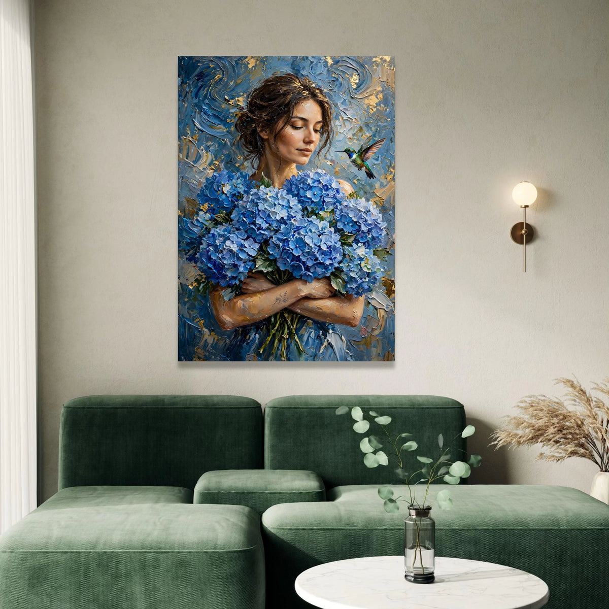 Woman With Blue Hydrangeas Bouquet Canvas Wall Art, Elegant Floral Portrait, Hummingbird Nature Scene, Home Decor Painting, Canvas Print Art