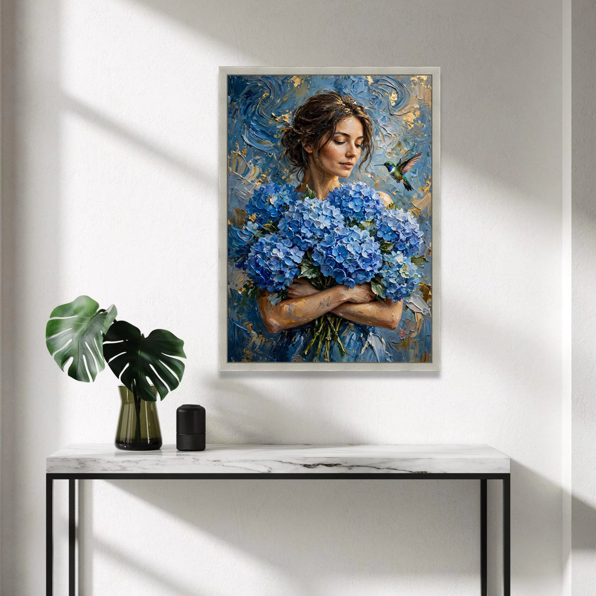 Woman With Blue Hydrangeas Bouquet Canvas Wall Art, Elegant Floral Portrait, Hummingbird Nature Scene, Home Decor Painting, Canvas Print Art