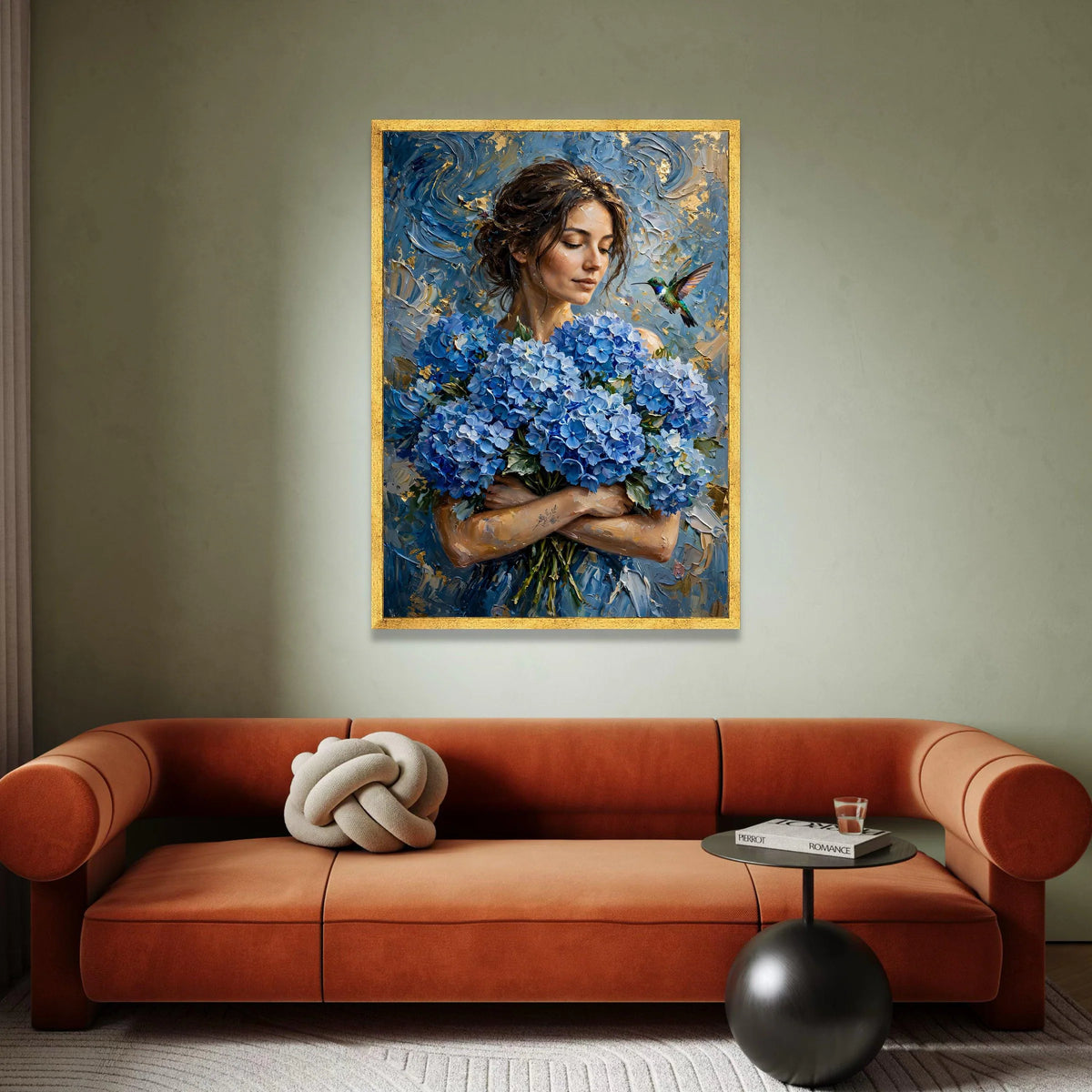 Woman With Blue Hydrangeas Bouquet Canvas Wall Art, Elegant Floral Portrait, Hummingbird Nature Scene, Home Decor Painting, Canvas Print Art