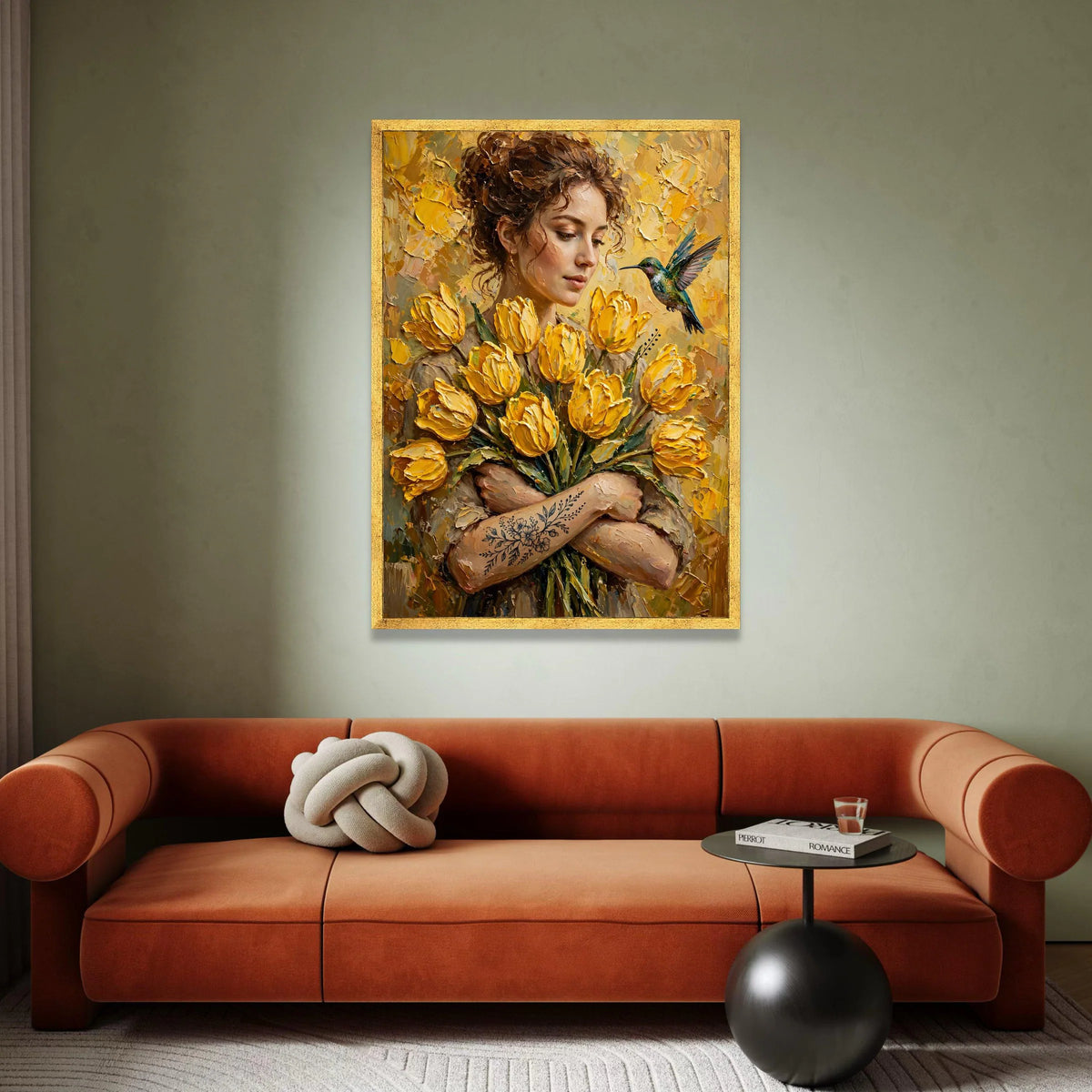 Woman with Yellow Tulips Bouquet and Hummingbird Canvas, Floral Portrait Wall Art, Spring Flower Canvas, Botanical Canvas Print Art
