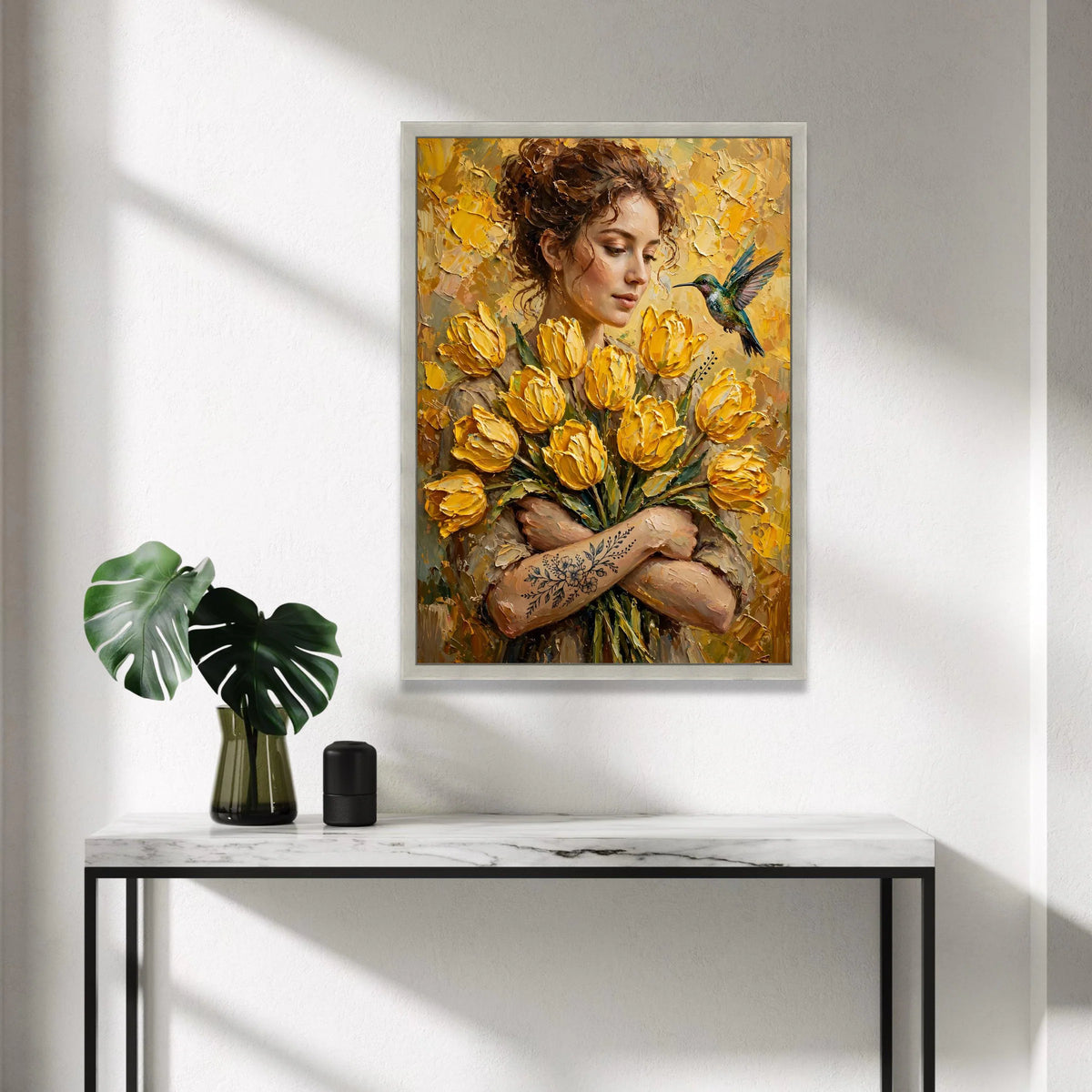 Woman with Yellow Tulips Bouquet and Hummingbird Canvas, Floral Portrait Wall Art, Spring Flower Canvas, Botanical Canvas Print Art