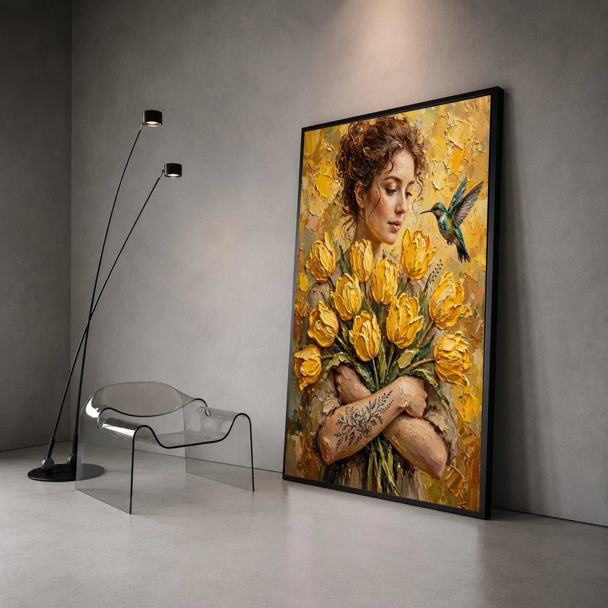 Woman with Yellow Tulips Bouquet and Hummingbird Canvas, Floral Portrait Wall Art, Spring Flower Canvas, Botanical Canvas Print Art
