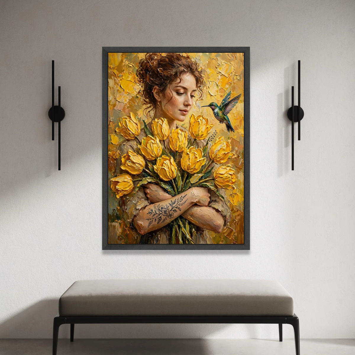 Woman with Yellow Tulips Bouquet and Hummingbird Canvas, Floral Portrait Wall Art, Spring Flower Canvas, Botanical Canvas Print Art
