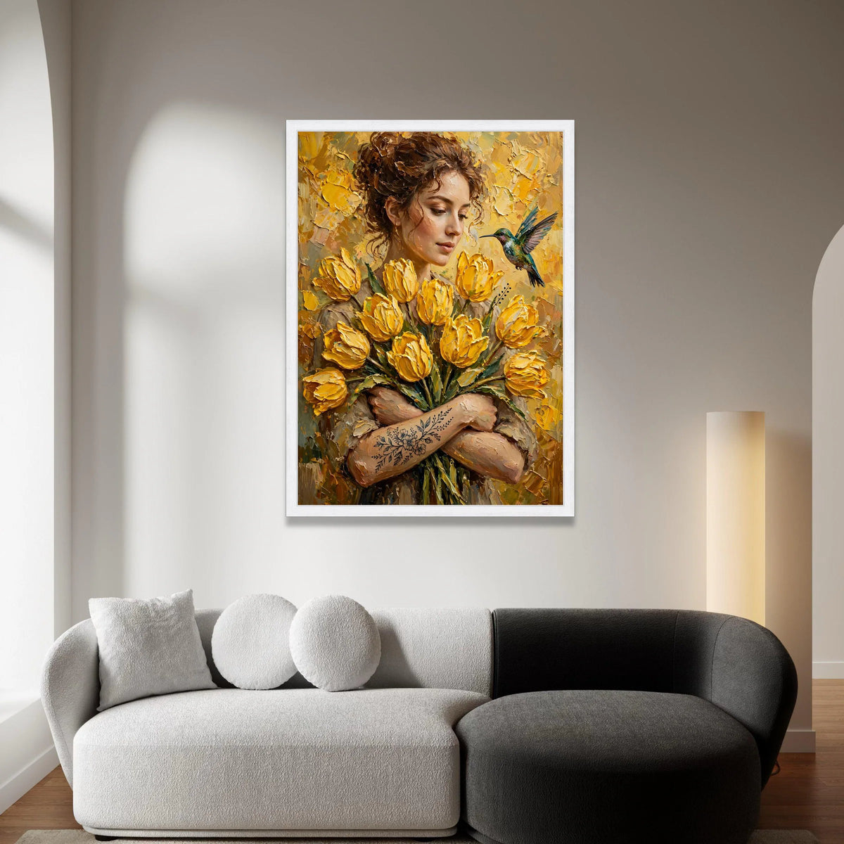 Woman with Yellow Tulips Bouquet and Hummingbird Canvas, Floral Portrait Wall Art, Spring Flower Canvas, Botanical Canvas Print Art