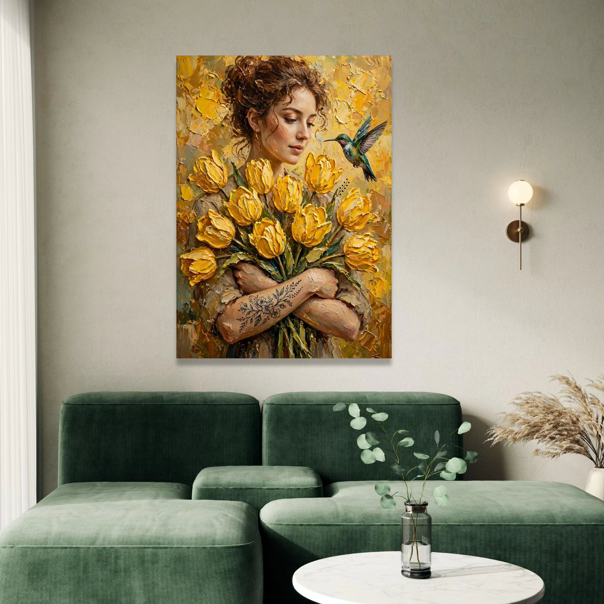 Woman with Yellow Tulips Bouquet and Hummingbird Canvas, Floral Portrait Wall Art, Spring Flower Canvas, Botanical Canvas Print Art