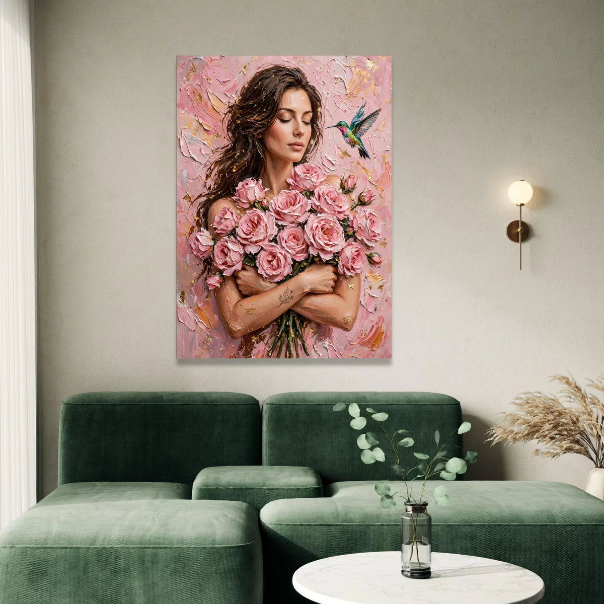 Elegant Woman with Pink Roses Bouquet Canvas, Floral Portrait Wall Art, Romantic Home Decoration, Hummingbird Nature Scene, Canvas Print Art
