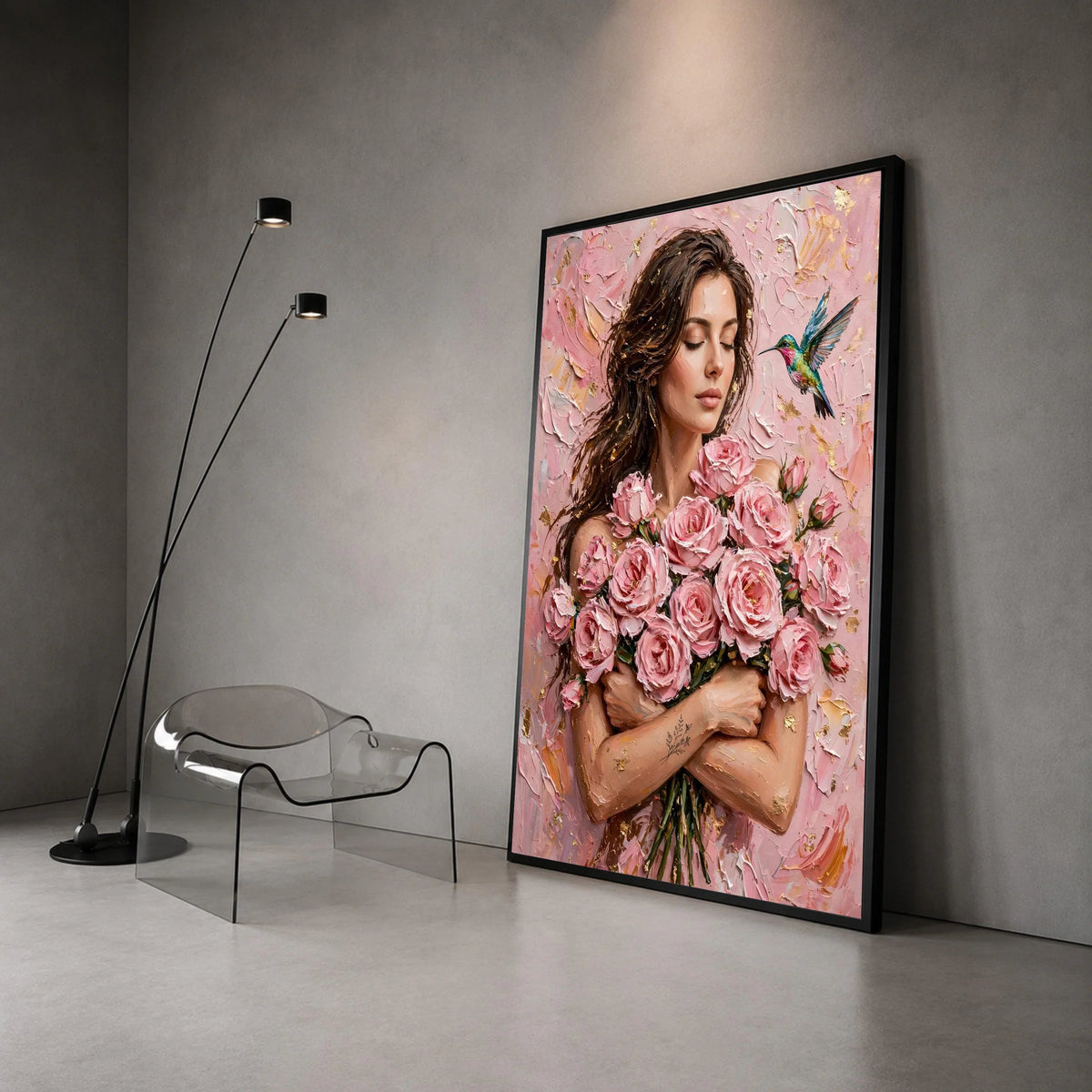 Elegant Woman with Pink Roses Bouquet Canvas, Floral Portrait Wall Art, Romantic Home Decoration, Hummingbird Nature Scene, Canvas Print Art