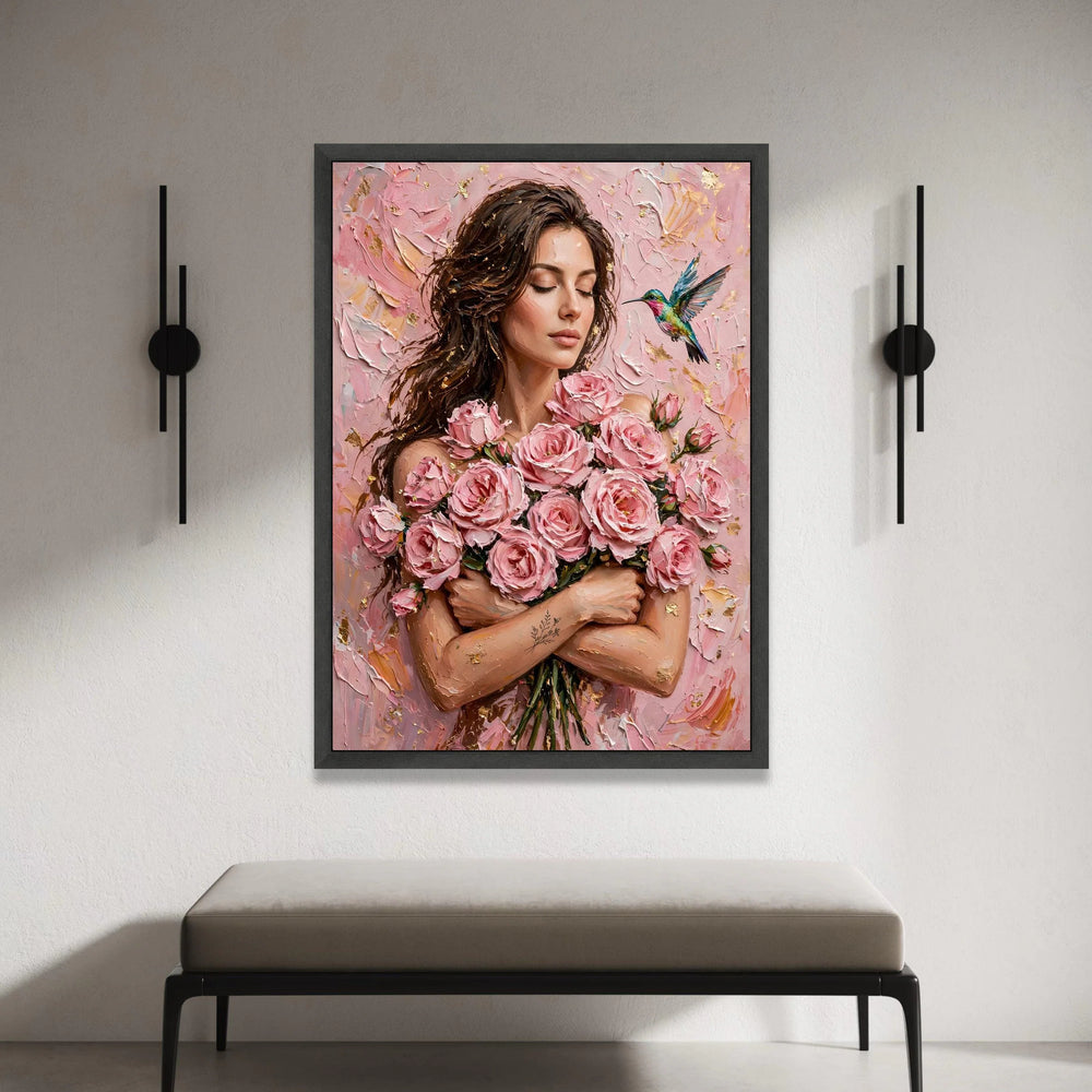 Elegant Woman with Pink Roses Bouquet Canvas, Floral Portrait Wall Art, Romantic Home Decoration, Hummingbird Nature Scene, Canvas Print Art