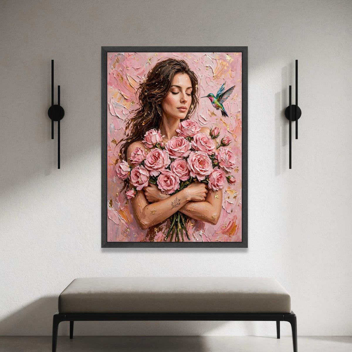 Elegant Woman with Pink Roses Bouquet Canvas, Floral Portrait Wall Art, Romantic Home Decoration, Hummingbird Nature Scene, Canvas Print Art