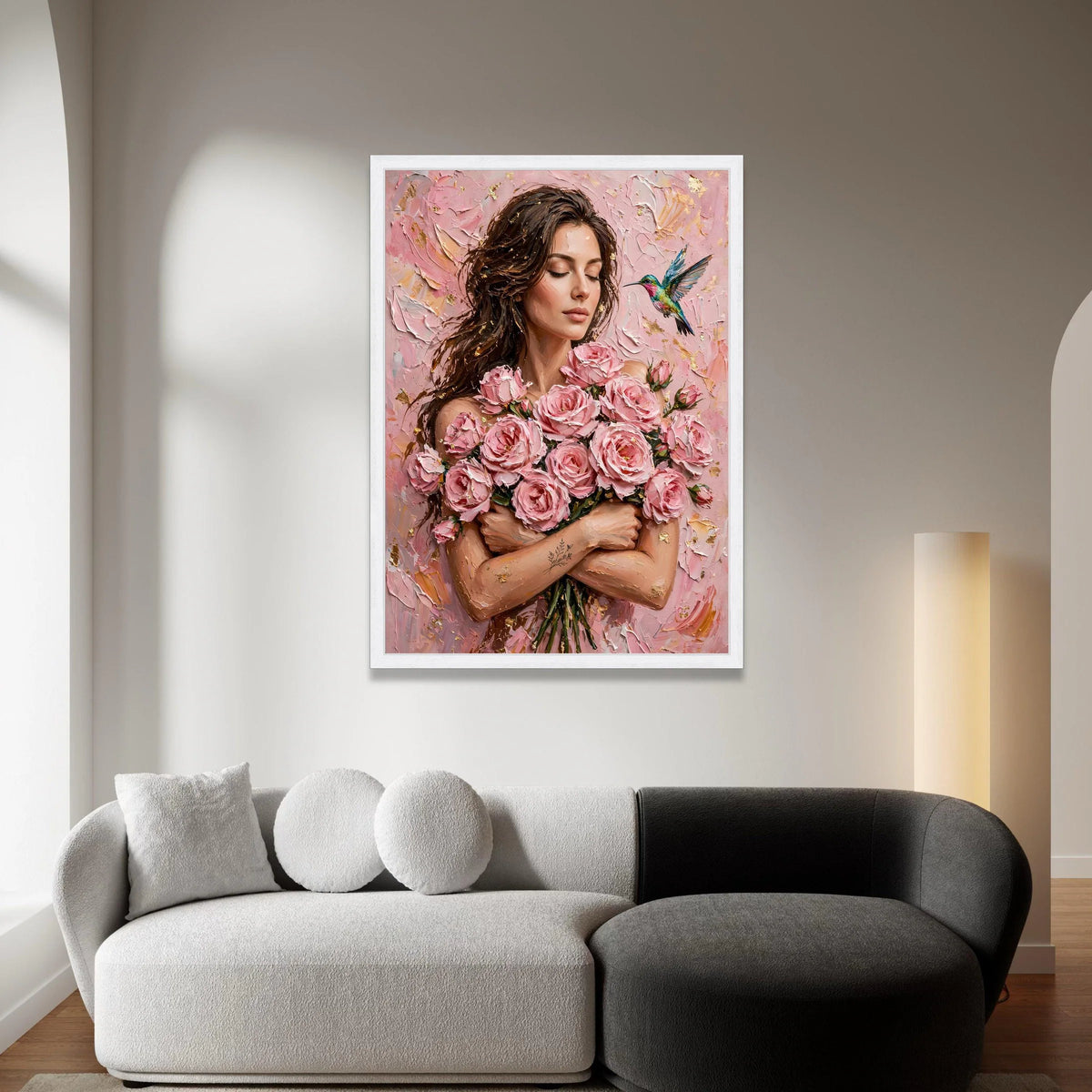 Elegant Woman with Pink Roses Bouquet Canvas, Floral Portrait Wall Art, Romantic Home Decoration, Hummingbird Nature Scene, Canvas Print Art
