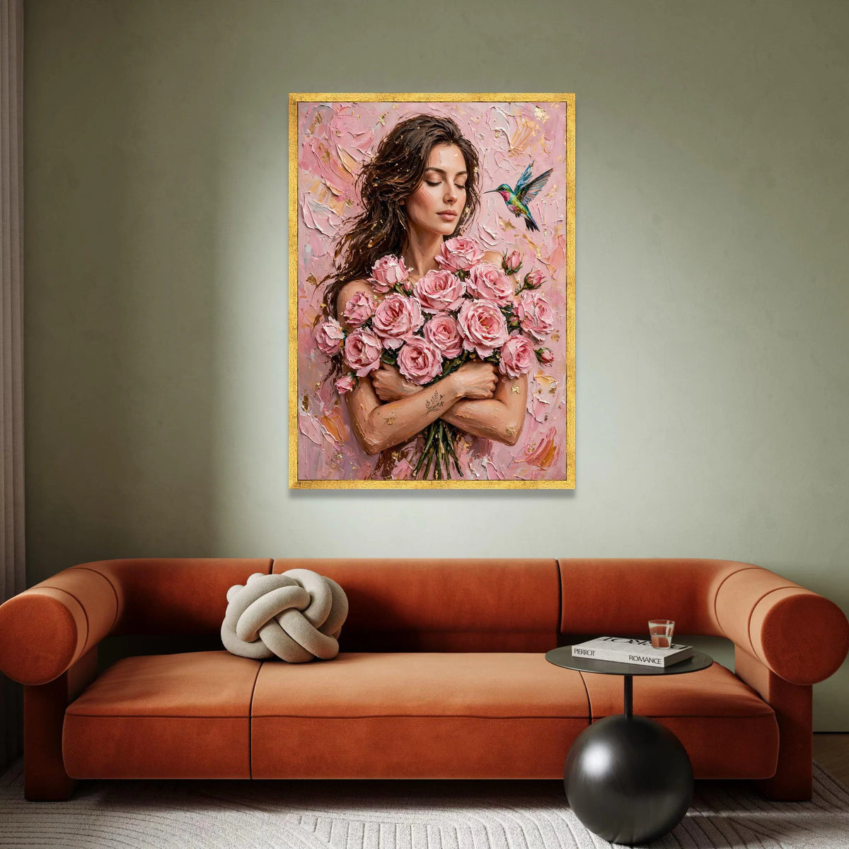 Elegant Woman with Pink Roses Bouquet Canvas, Floral Portrait Wall Art, Romantic Home Decoration, Hummingbird Nature Scene, Canvas Print Art