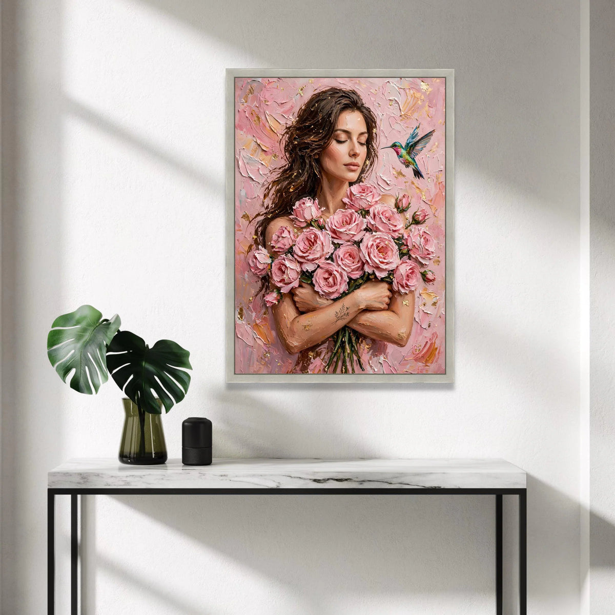 Elegant Woman with Pink Roses Bouquet Canvas, Floral Portrait Wall Art, Romantic Home Decoration, Hummingbird Nature Scene, Canvas Print Art