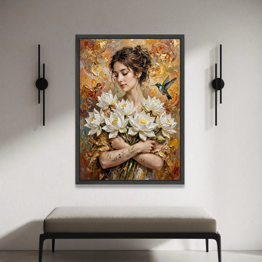 Elegant Woman with White Lotus Flowers Canvas, Hummingbird Floral Wall Art, Romantic Home Decor, Botanical Portrait Canvas, Canvas Print Art