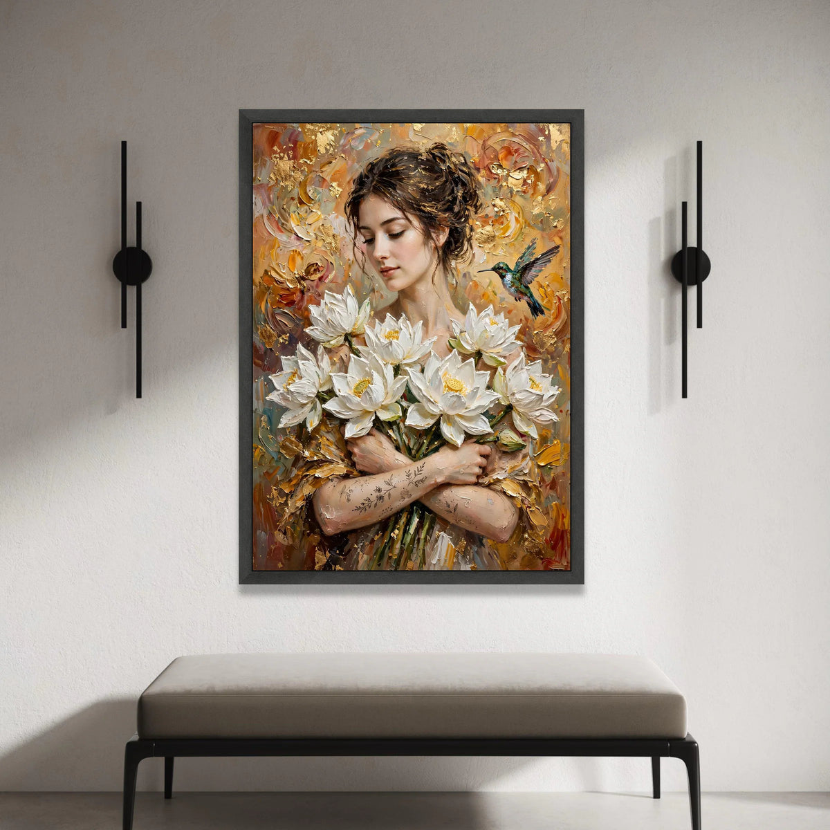 Elegant Woman with White Lotus Flowers Canvas, Hummingbird Floral Wall Art, Romantic Home Decor, Botanical Portrait Canvas, Canvas Print Art