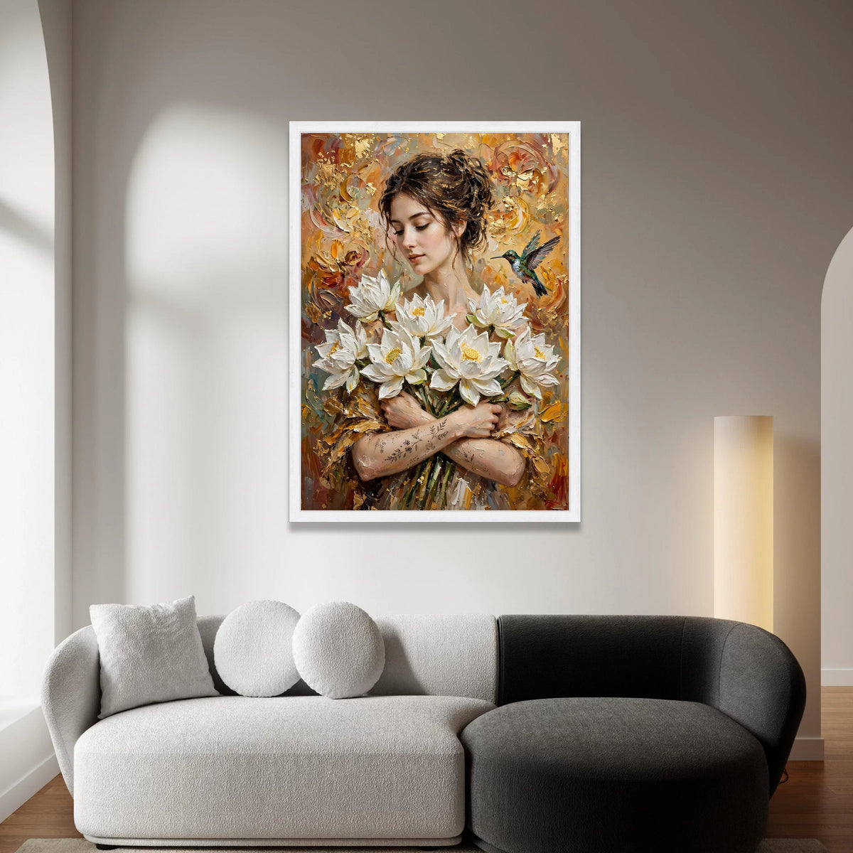 Elegant Woman with White Lotus Flowers Canvas, Hummingbird Floral Wall Art, Romantic Home Decor, Botanical Portrait Canvas, Canvas Print Art