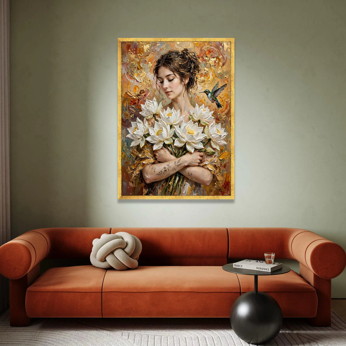 Elegant Woman with White Lotus Flowers Canvas, Hummingbird Floral Wall Art, Romantic Home Decor, Botanical Portrait Canvas, Canvas Print Art