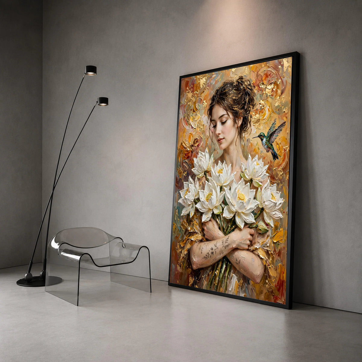 Elegant Woman with White Lotus Flowers Canvas, Hummingbird Floral Wall Art, Romantic Home Decor, Botanical Portrait Canvas, Canvas Print Art