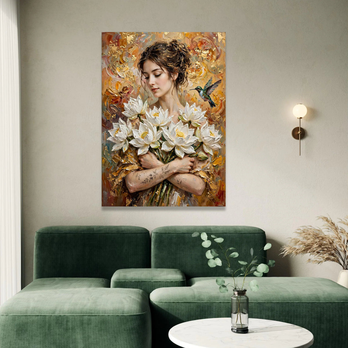 Elegant Woman with White Lotus Flowers Canvas, Hummingbird Floral Wall Art, Romantic Home Decor, Botanical Portrait Canvas, Canvas Print Art