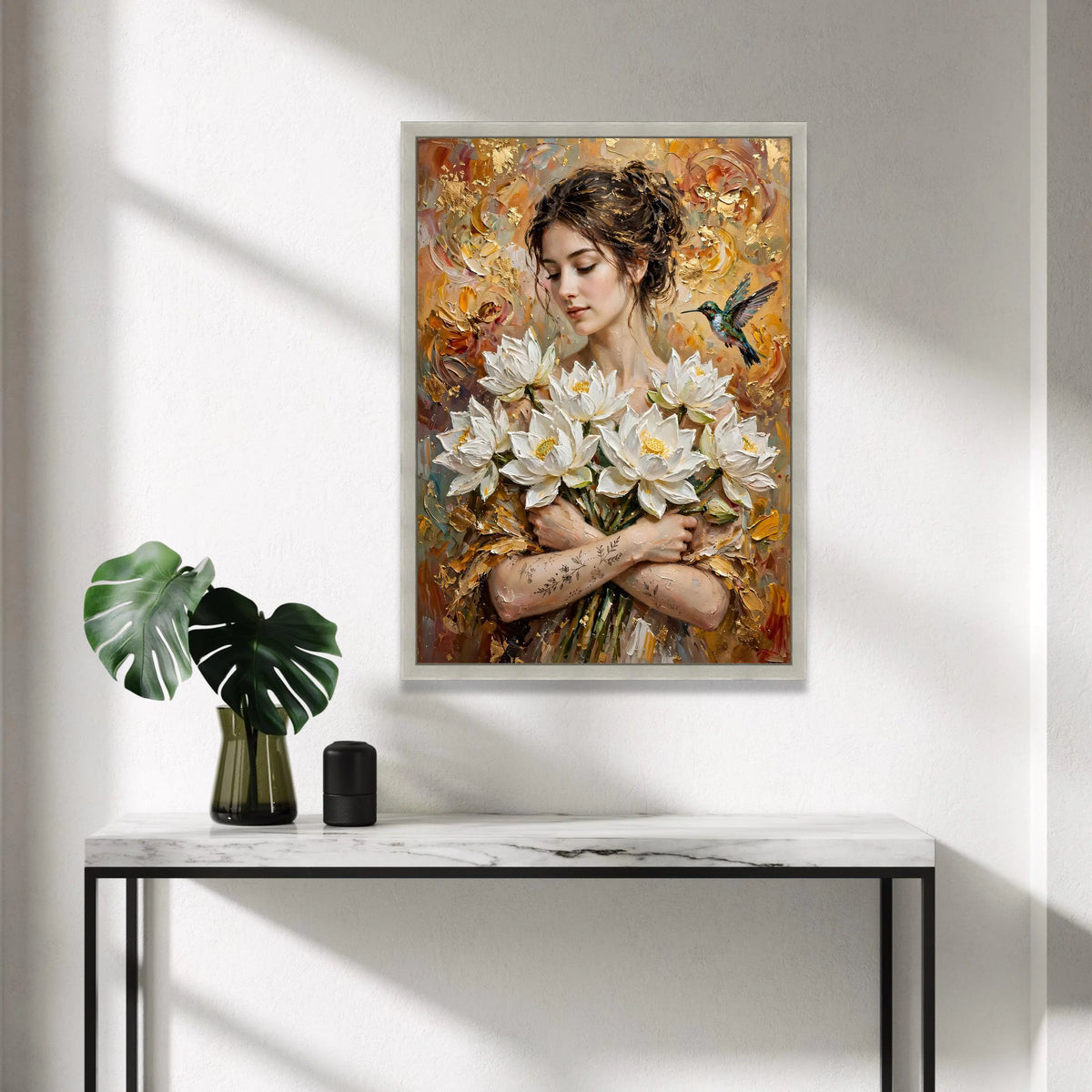 Elegant Woman with White Lotus Flowers Canvas, Hummingbird Floral Wall Art, Romantic Home Decor, Botanical Portrait Canvas, Canvas Print Art