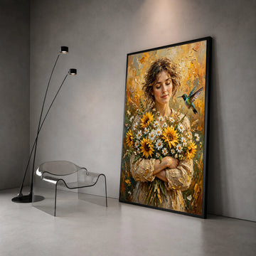 Serene Woman Holding Sunflower Bouquet Canvas, Floral Portrait Wall Art, Nature Home Decoration, Hummingbird and Blossoms Canvas Print Art