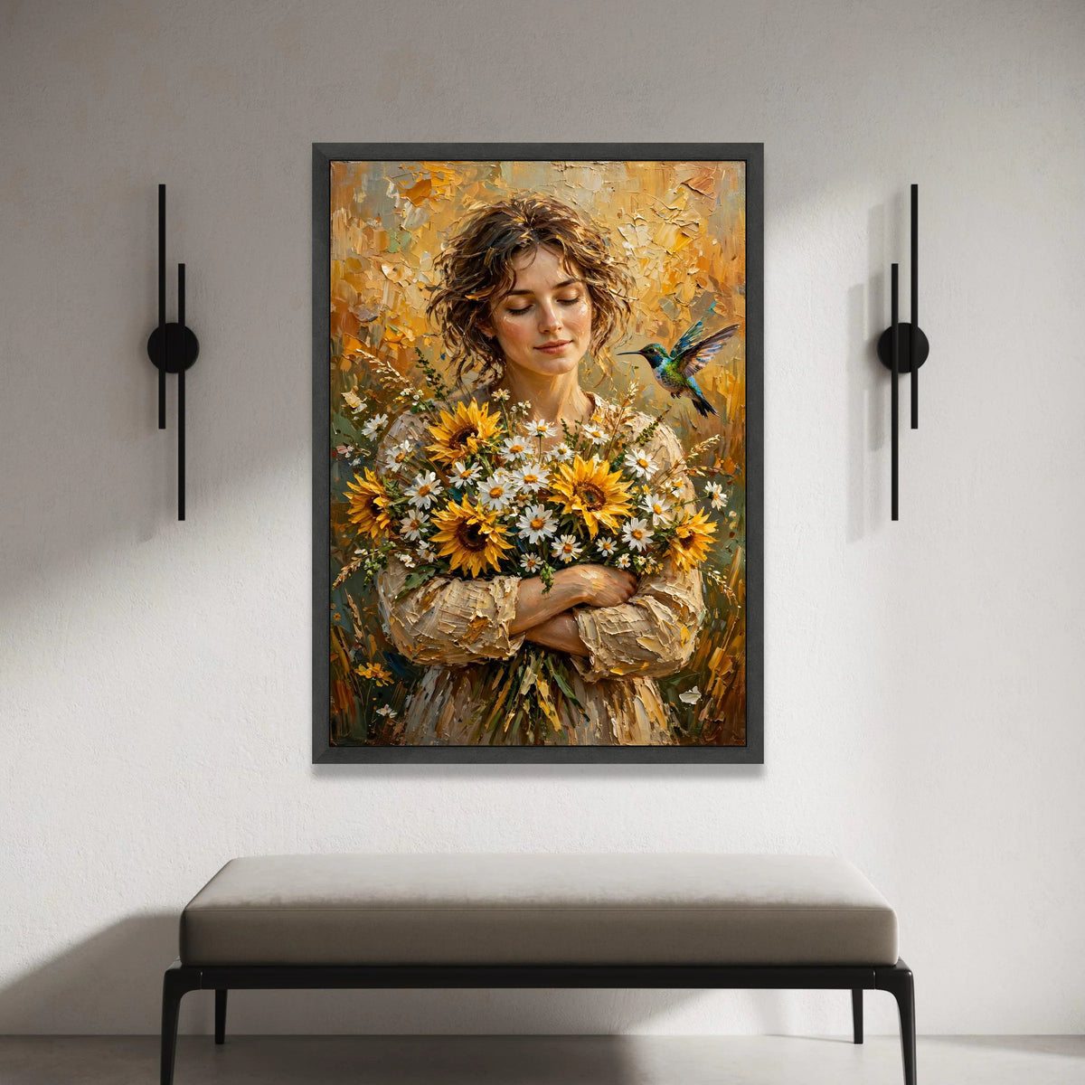 Serene Woman Holding Sunflower Bouquet Canvas, Floral Portrait Wall Art, Nature Home Decoration, Hummingbird and Blossoms Canvas Print Art