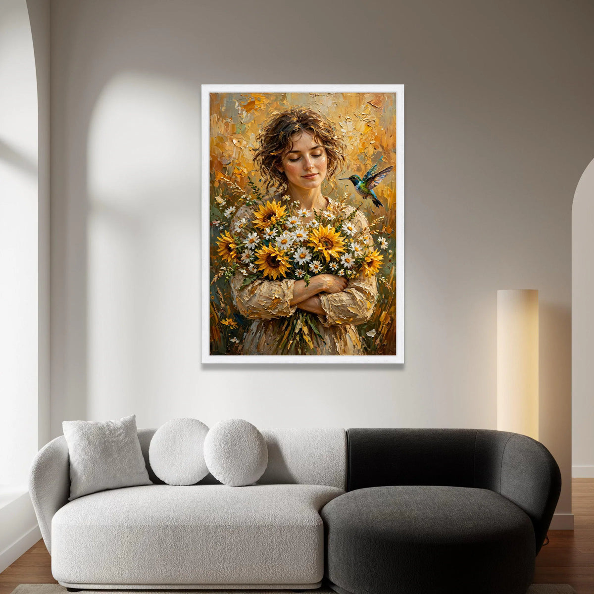 Serene Woman Holding Sunflower Bouquet Canvas, Floral Portrait Wall Art, Nature Home Decoration, Hummingbird and Blossoms Canvas Print Art