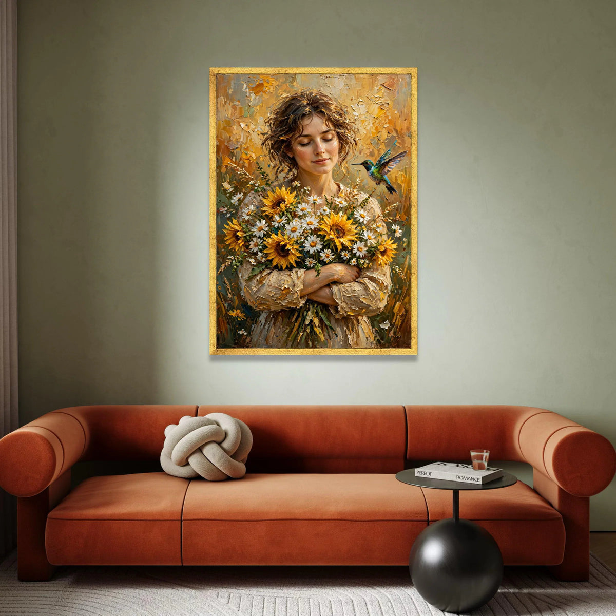 Serene Woman Holding Sunflower Bouquet Canvas, Floral Portrait Wall Art, Nature Home Decoration, Hummingbird and Blossoms Canvas Print Art