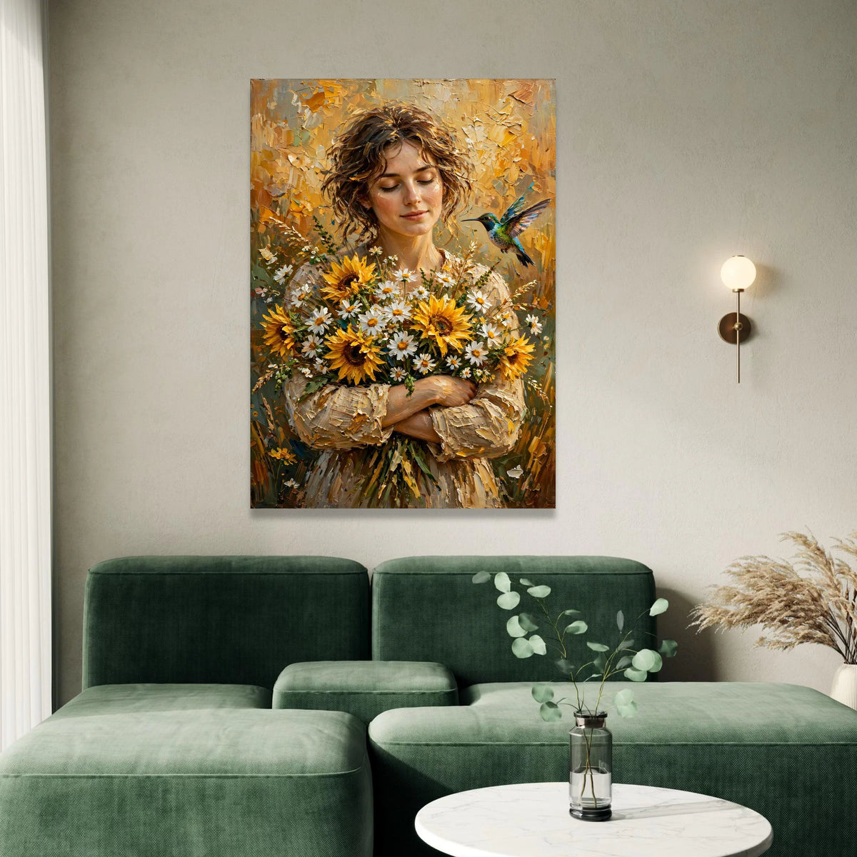 Serene Woman Holding Sunflower Bouquet Canvas, Floral Portrait Wall Art, Nature Home Decoration, Hummingbird and Blossoms Canvas Print Art